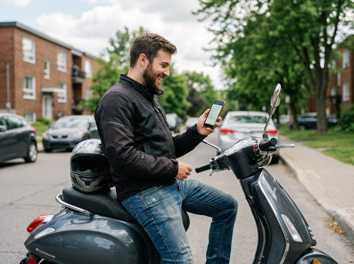 Jeune motard avec scooter en ville souriant