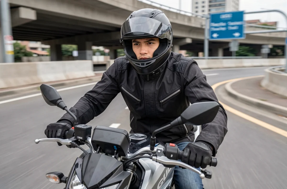 Jeune motard en veste noire conduisant une Suzuki GSX-S 125 sur une route urbaine en mouvement, effet de filé