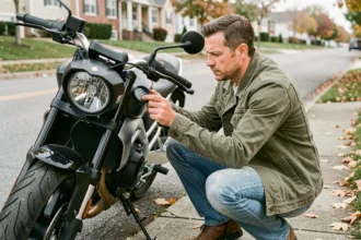 Motard vérifiant le compteur kilométrique de sa moto pour estimer son usage réel avant de souscrire une assurance au kilomètre