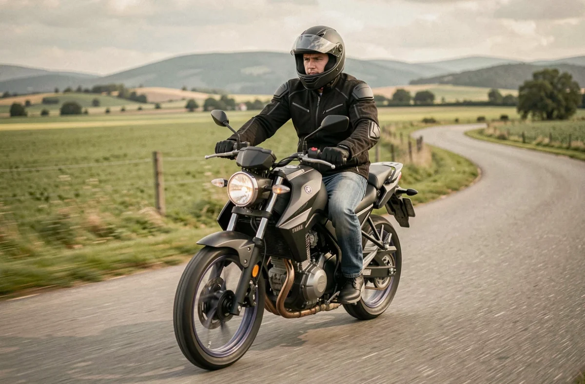 Jeune motard en tenue de sécurité sur une Yamaha MT-125 en mouvement sur une route de campagne, illustrant les capacités dynamiques de la 125cc