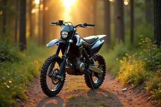 Moto tout-terrain moderne à injection dans la forêt verte