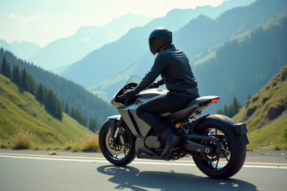 Homme en moto moderne sur route alpine panoramique