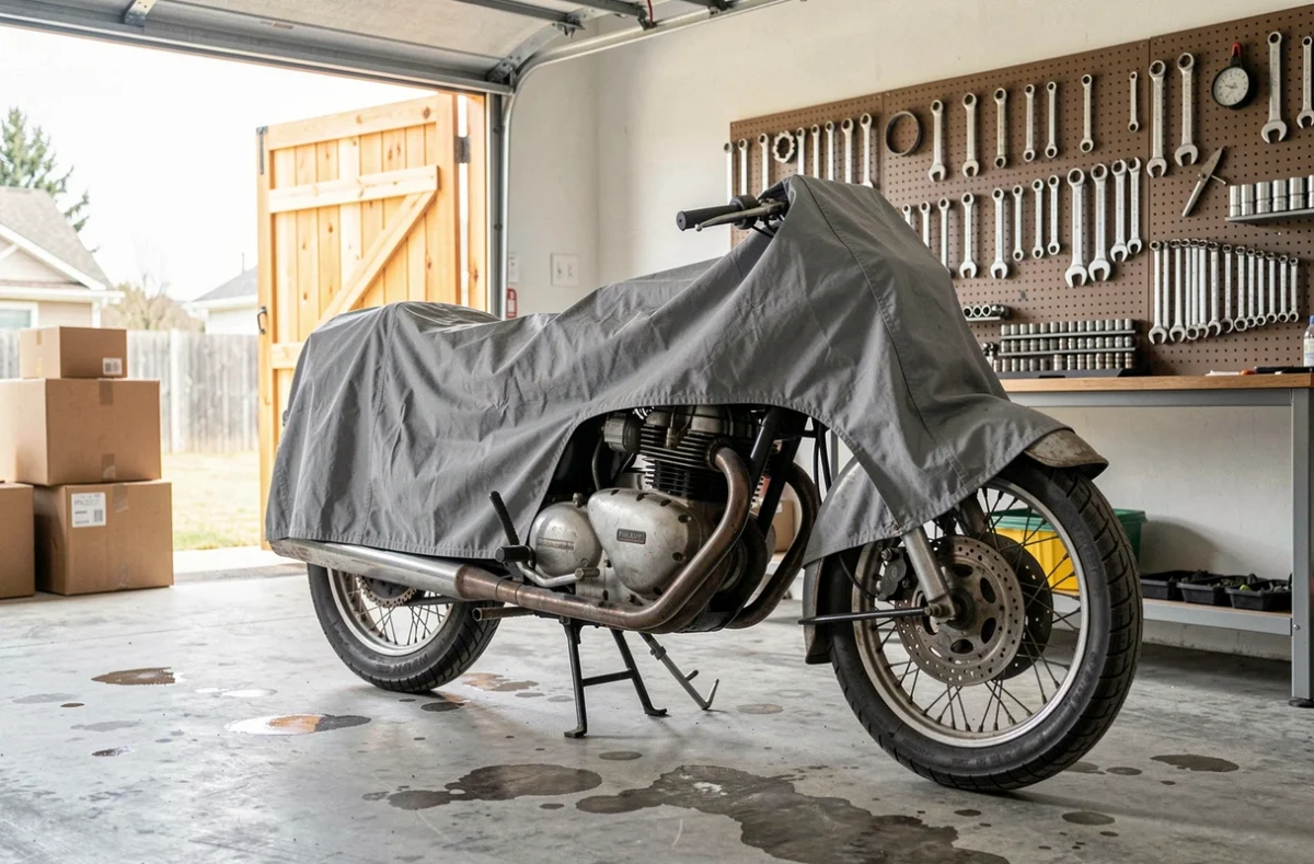 Moto vintage garée dans un garage résidentiel, partiellement recouverte d'une housse grise, illustrant le stationnement d'une moto non roulante