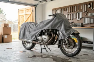 Moto vintage garée dans un garage résidentiel, partiellement recouverte d'une housse grise, illustrant le stationnement d'une moto non roulante