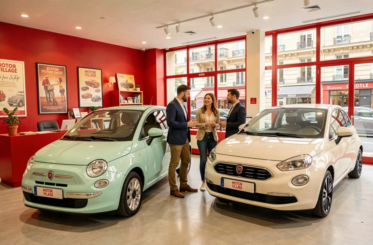 Motor Village Fiat Paris avec Fiat 500 verte exposée et conseiller commercial échangeant avec une cliente