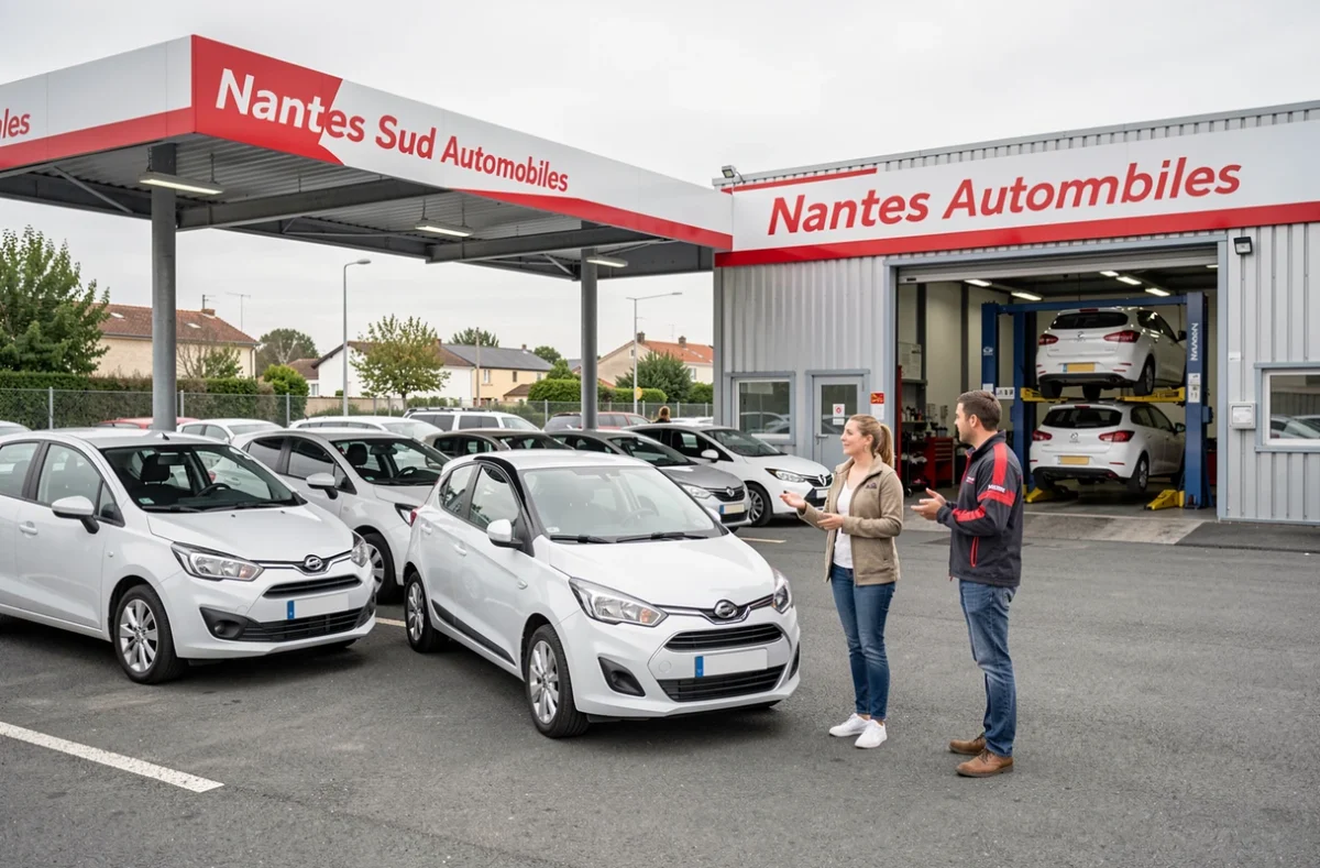 Conseillère de Nantes Sud Automobiles accueillant des clients sur le parvis du garage de vente et entretien au sud de Nantes