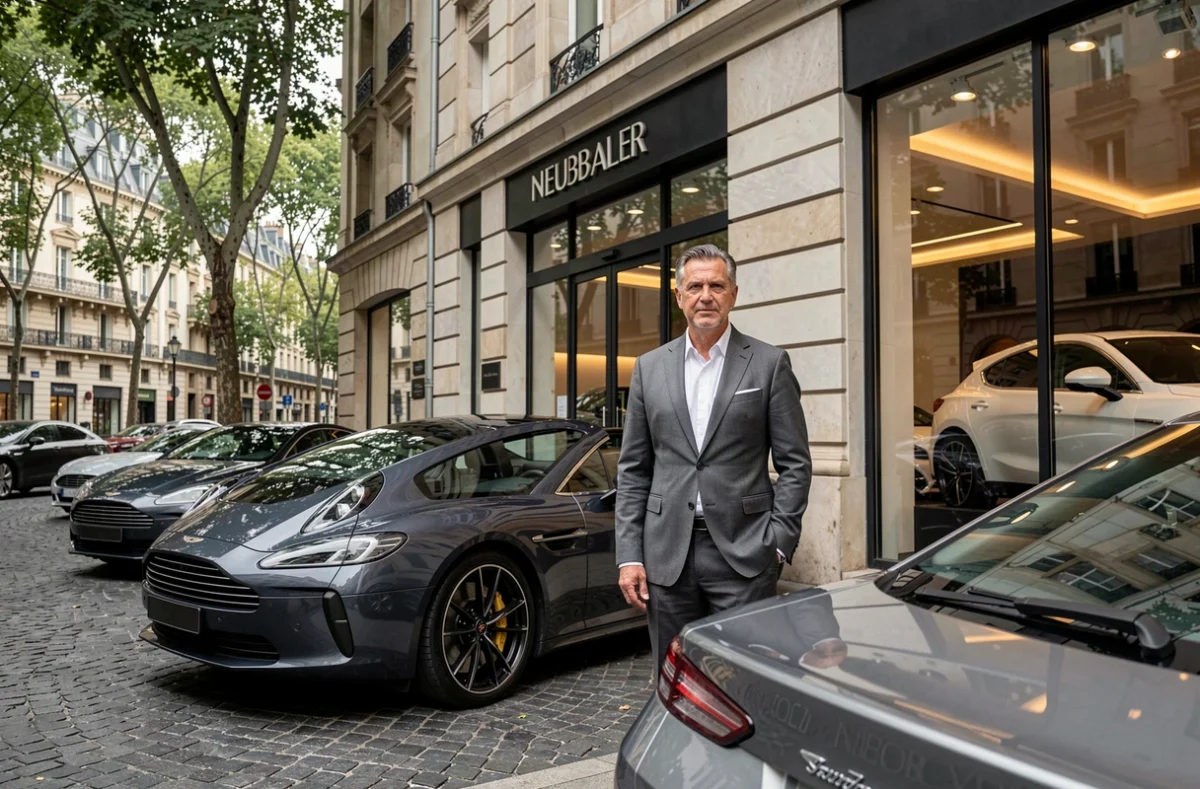 Concession Neubauer à Paris avec voitures de luxe exposées et spécialiste automobile en costume