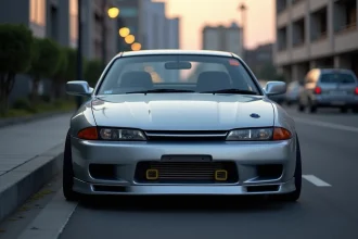Nissan S14a Silvia gris métallique vue de trois quarts avant dans une rue urbaine