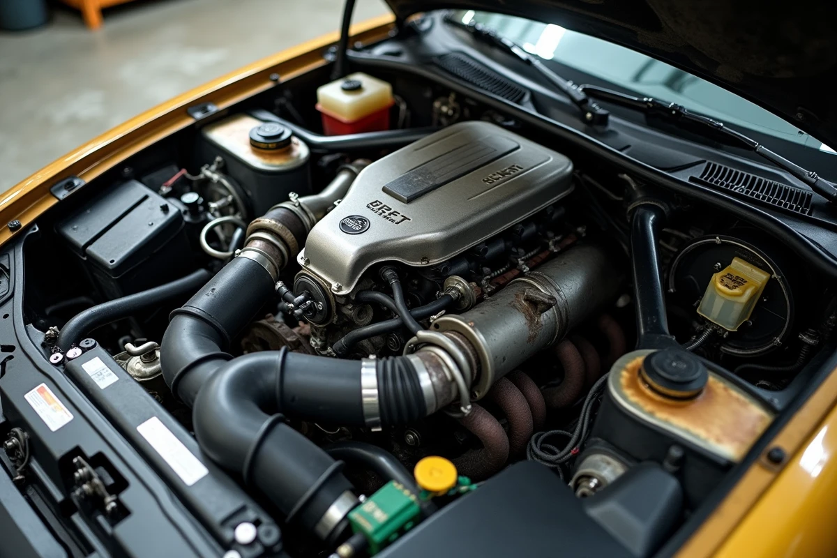 Moteur SR20DET de la Nissan S14a Silvia ouvert dans un atelier mécanique