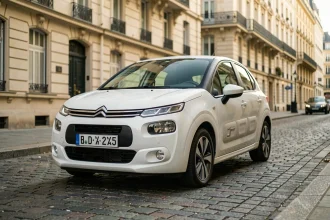 Nouvelle Citroën C3 blanche garée dans une rue résidentielle européenne, vue 3/4 avant mettant en valeur son gabarit compact idéal pour la ville