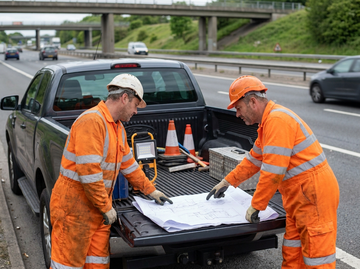 Deux ouvriers de chantier examinant des plans sur le hayon d'un pickup utilitaire gris stationné sur le bas-côté d'une route avec lampe de travail portable
