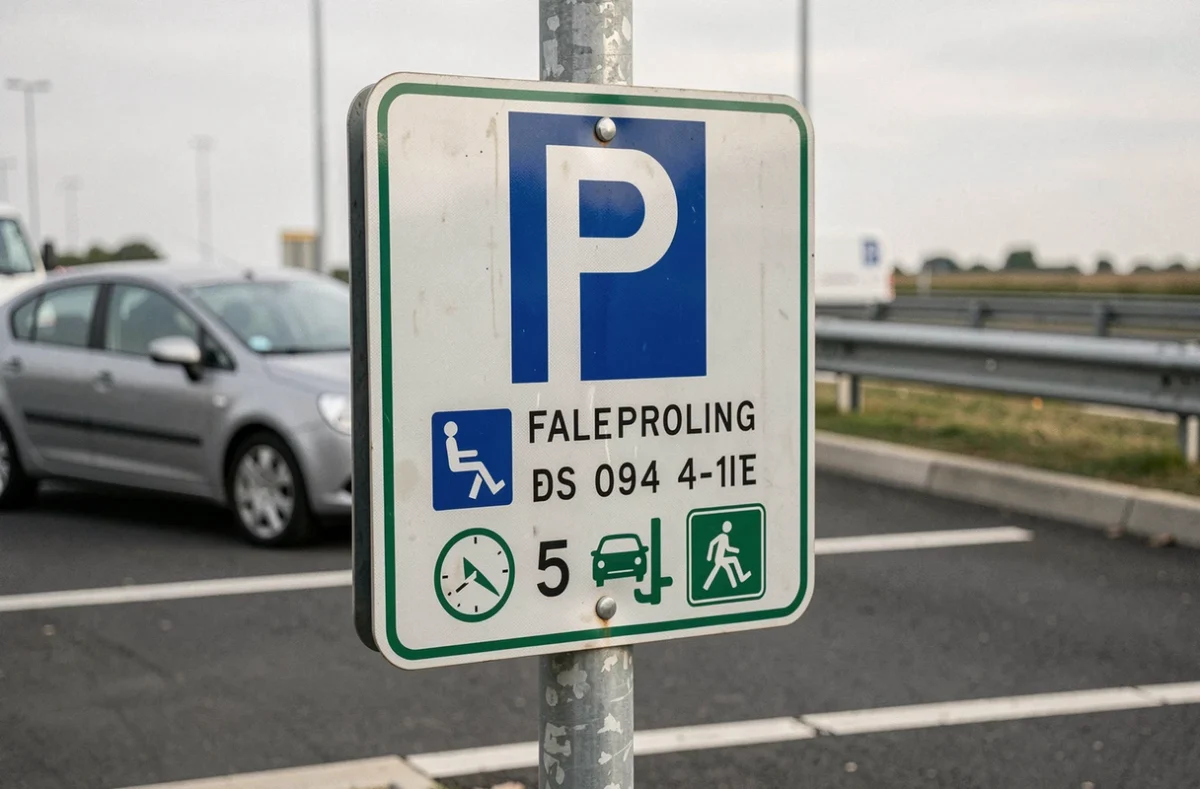 Panneau officiel d'un parking de covoiturage indiquant les horaires et la capacité, monté sur poteau métallique en contexte autoroutier français