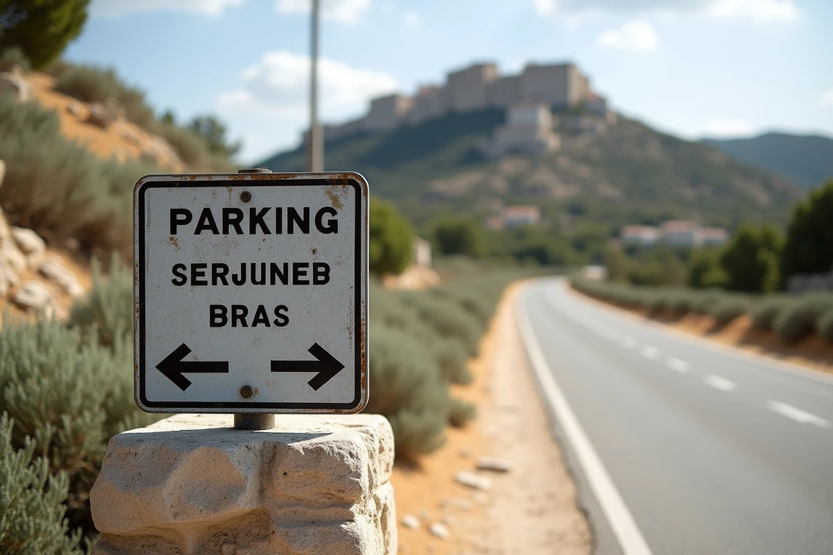 Panneau de signalisation indiquant une zone de stationnement payant et une navette à l'entrée du village des Baux-de-Provence