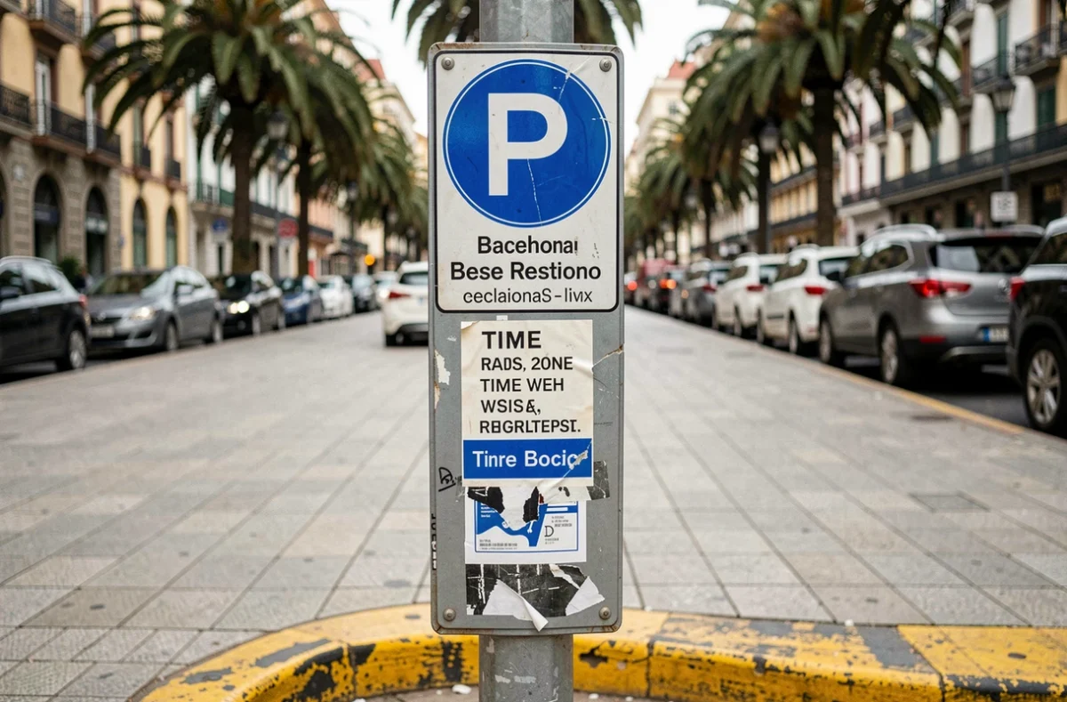Gros plan sur un panneau de réglementation du stationnement en zone bleue à Barcelone avec marquage jaune au sol