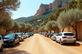 Parking bondé en gravier près du village des Baux-de-Provence en haute saison estivale avec le rocher et les remparts en arrière-plan