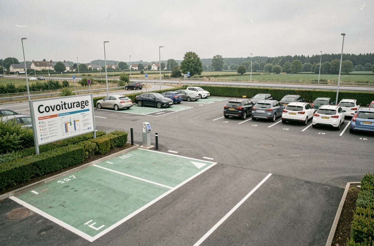 Vue large du parking de covoiturage avec signalisation verte et emplacements réservés au covoiturage près d'une autoroute française