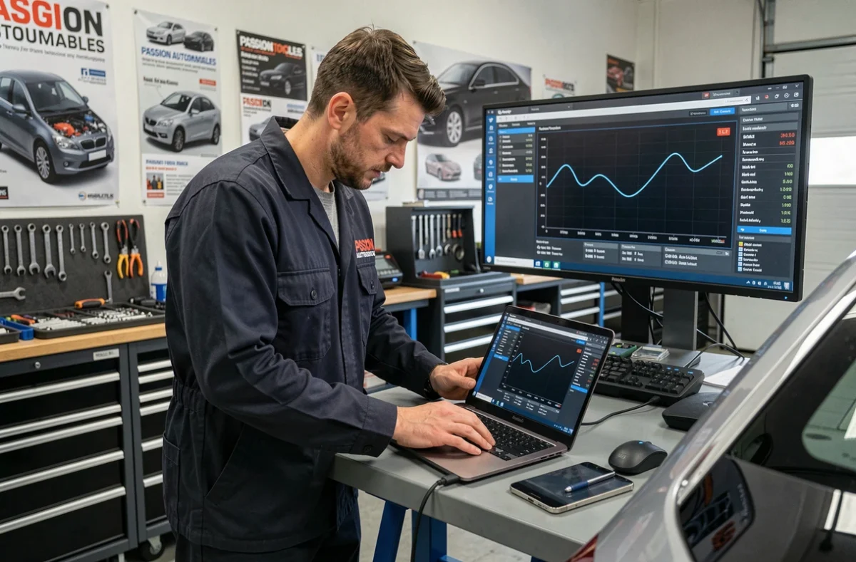Technicien de Passion Automobiles réalisant un diagnostic électronique avancé sur un véhicule dans l'atelier à Nantes