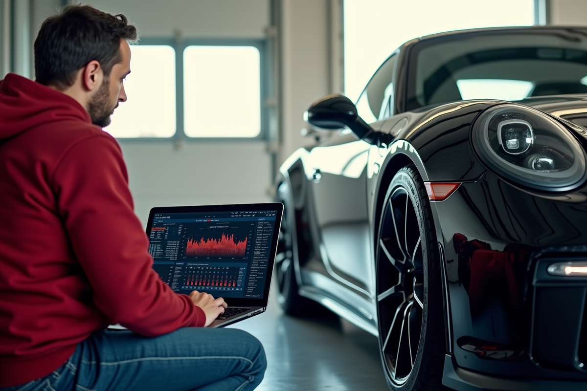 Passionne automobile analysant des données sur un ordinateur portable