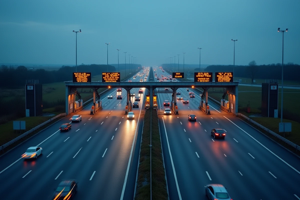 Péage autoroutier français avec files de voitures et panneaux de signalisation au crépuscule