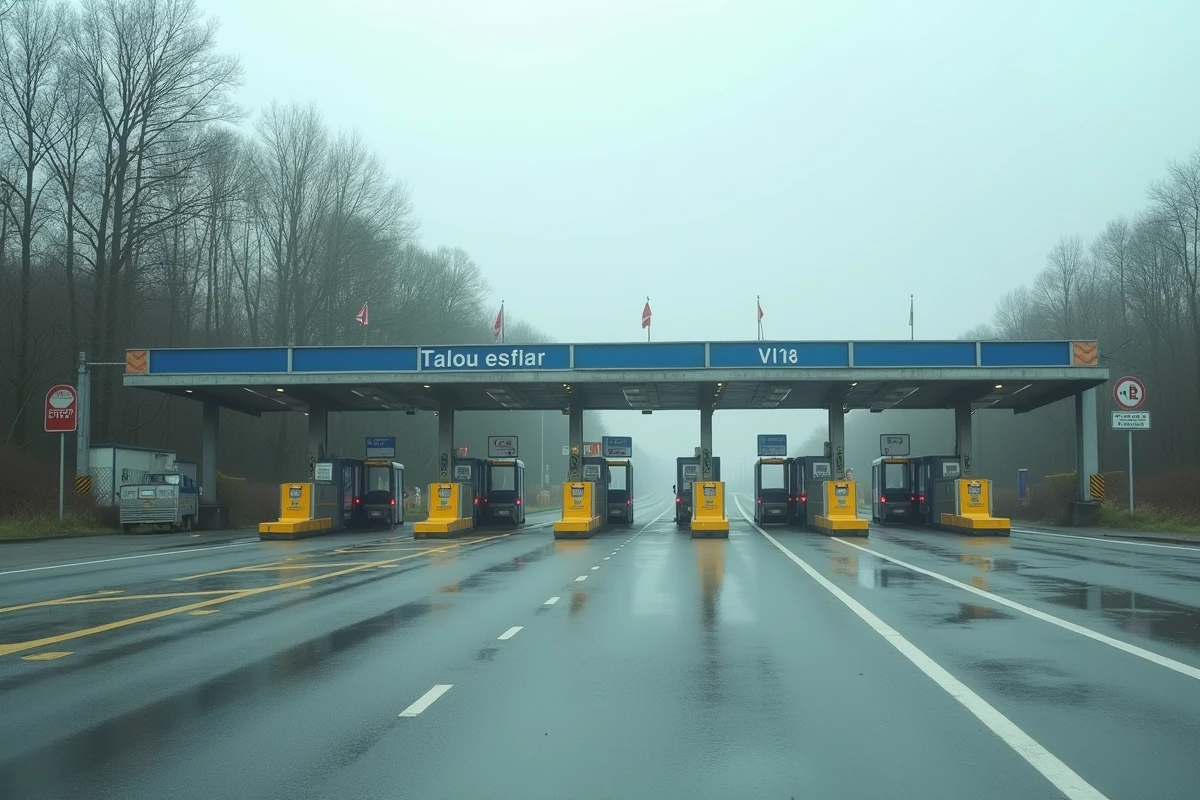 Péage autoroutier vide en hors saison hivernal, barrières levées illustrant la gratuité des autoroutes