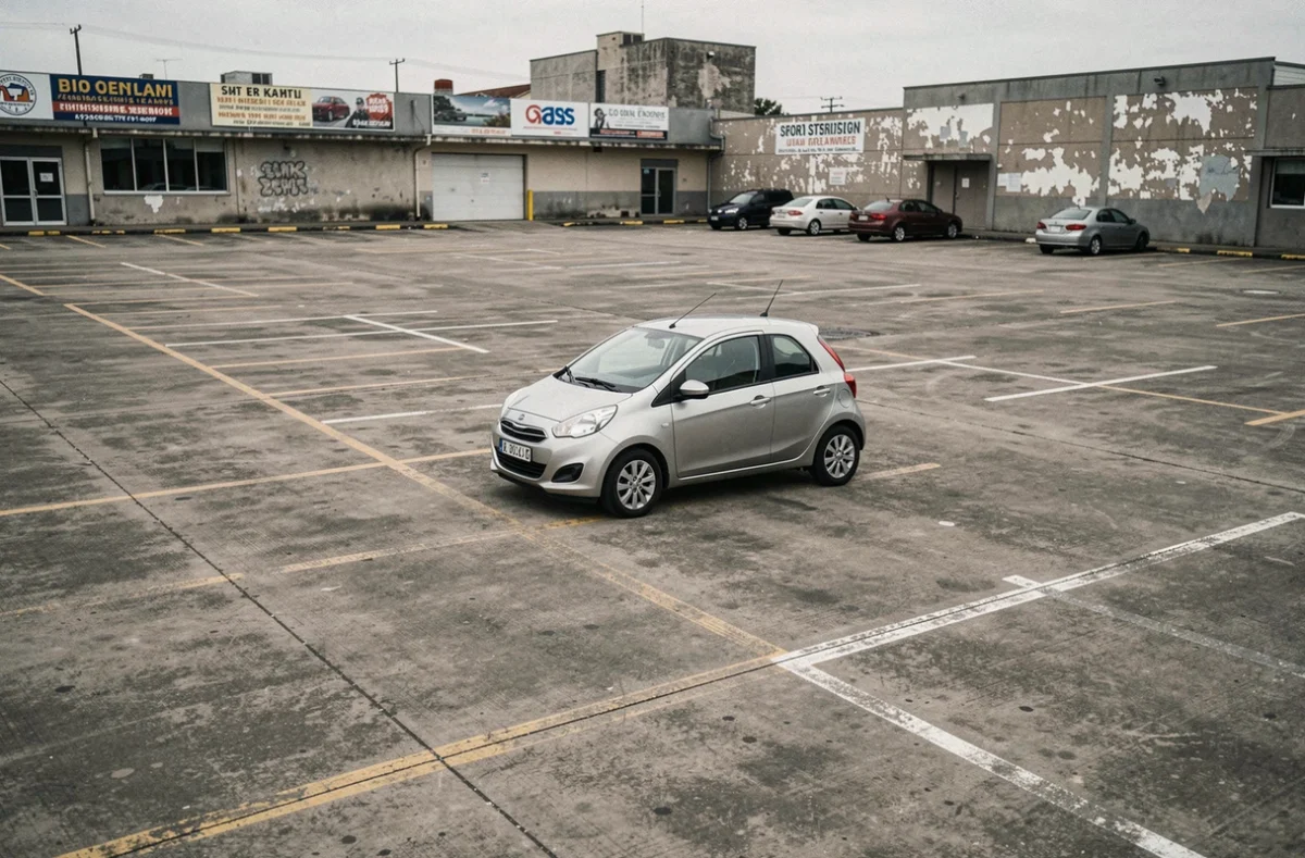 Petite voiture garée dans un parking urbain peu fréquenté illustrant le concept de petit rouleur
