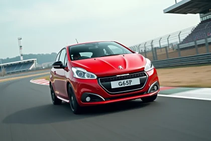 Peugeot 208 GTI rouge en accélération sur circuit automobile, vue trois quarts avant dynamique