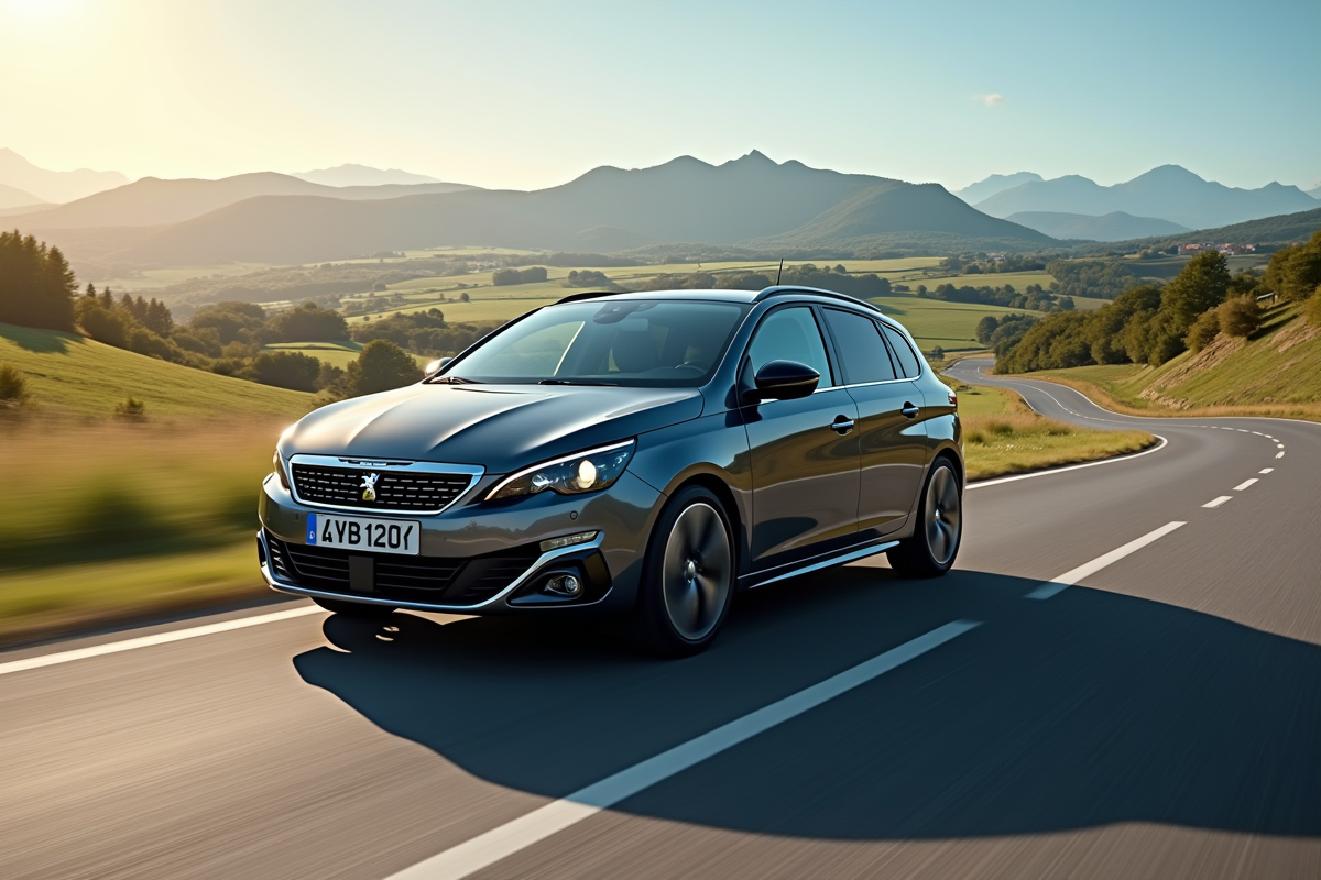 Peugeot 308 GT en mouvement sur une route de campagne