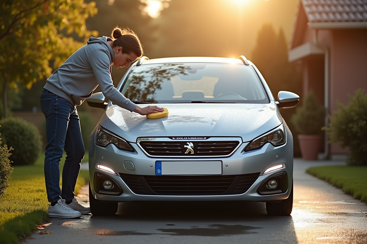 Voiture Peugeot 308 SW en lavage matinal sur une allée