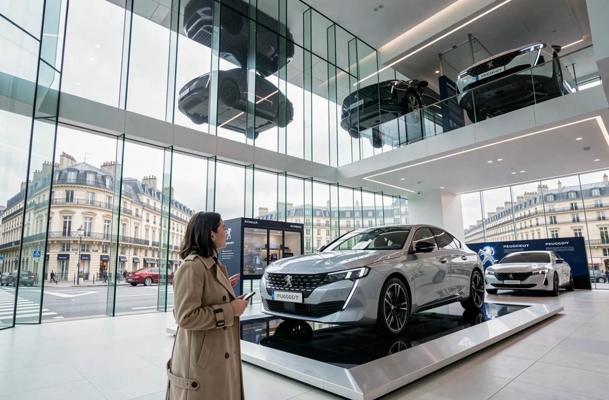 Peugeot Avenue sur les Champs-Élysées avec showroom multi-niveaux et modèles conceptuels suspendus