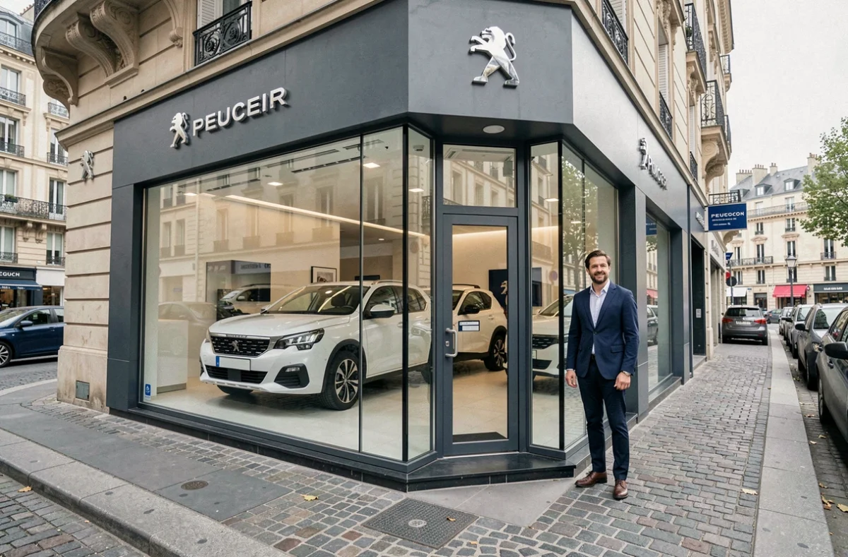 Concession Peugeot Paris 11 Locarson avec vitrine moderne et conseiller commercial devant l'entrée