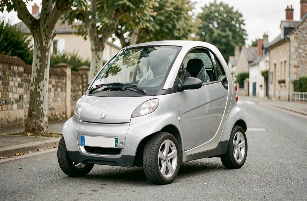 Peugeot voiture sans permis garée dans une rue résidentielle française, vue en angle avant trois-quarts