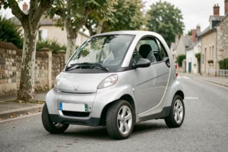 Peugeot voiture sans permis garée dans une rue résidentielle française, vue en angle avant trois-quarts