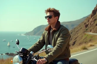 Jeune pilote en blouson aviateur sur moto côte océan