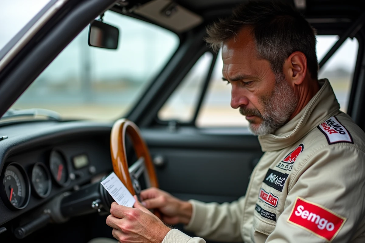 Pilote de rallye historique concentré dans le cockpit d'une voiture de compétition classique, combinaison aux couleurs Mikado Racing, mains sur le volant en bois