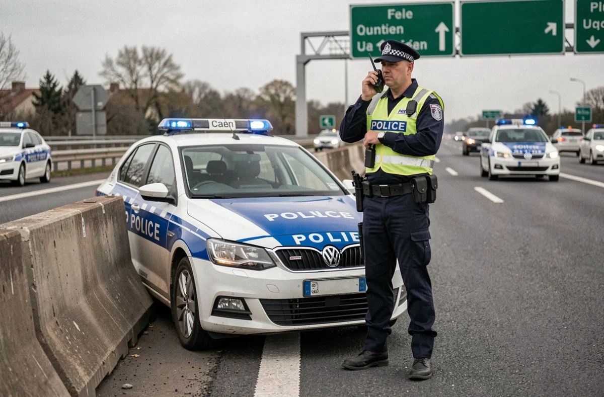 Agent de police de la route intervenant sur le périphérique de Caen lors d'un accident de circulation