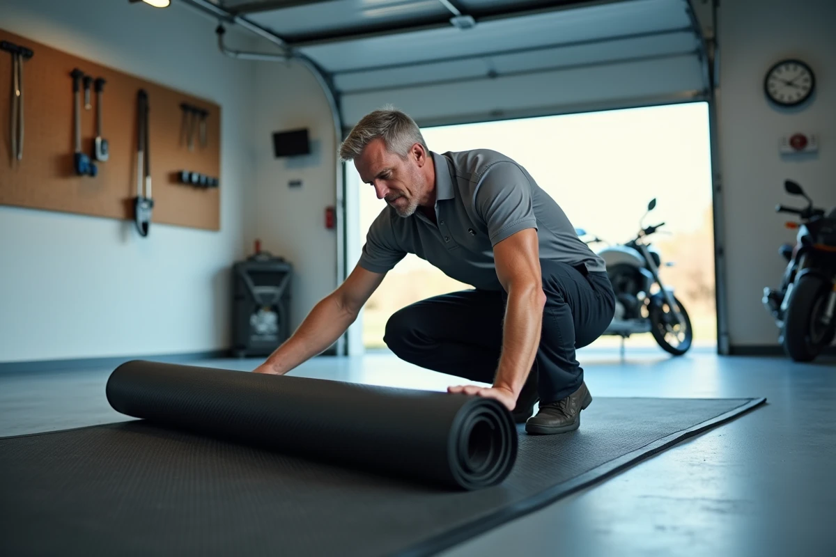 Homme posant un tapis ignifugé dans son box garage avant de garer sa moto, installation pratique et sécurisée