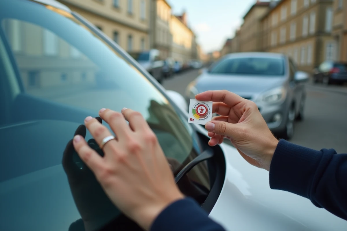 Mains appliquant une vignette Crit'Air sur le pare-brise d'une voiture dans une rue résidentielle