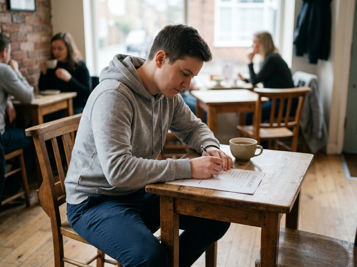Personne se préparant calmement avec une liste avant une visite médicale pour le permis de conduire dans un café