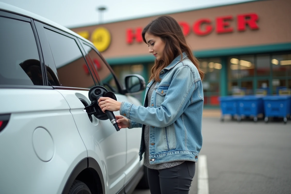 Femme vérifiant la pression d'un pneu de SUV dans un parking de supermarché avec un gonfleur portable