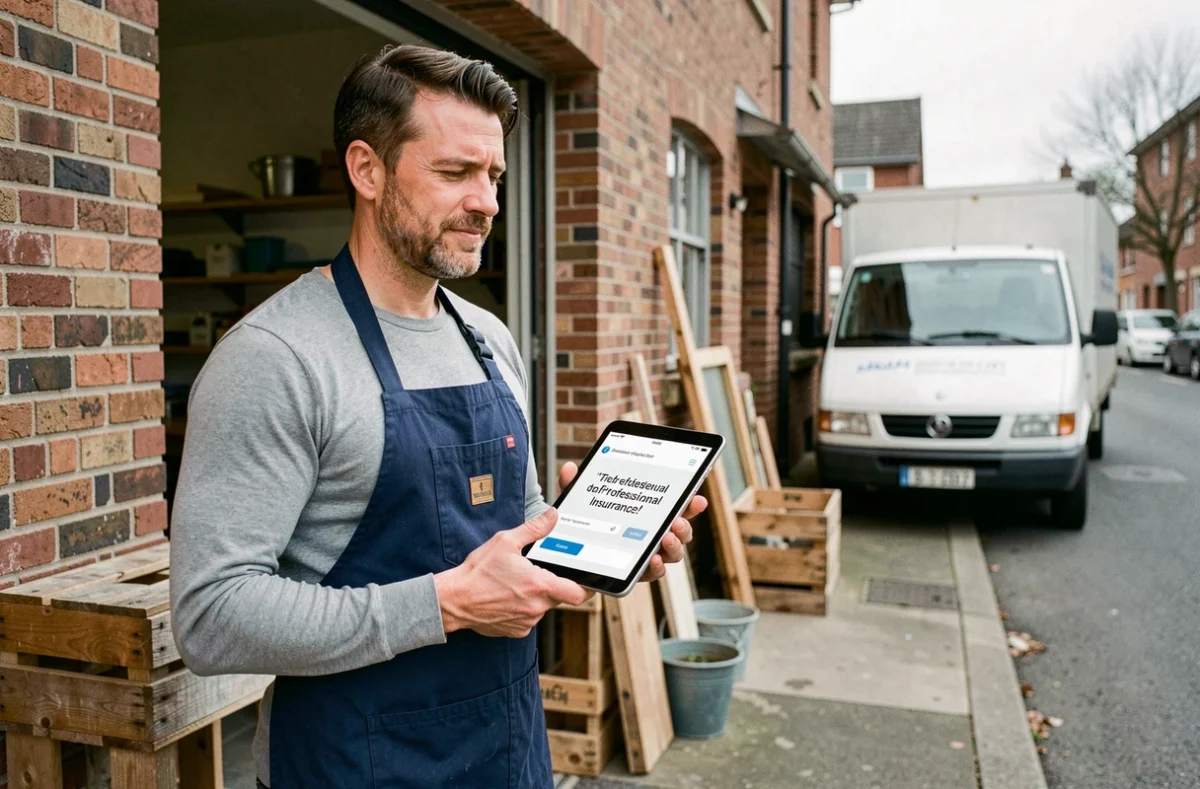 Artisan auto-entrepreneur consultant une comparaison de prix d'assurance professionnelle sur tablette devant son atelier