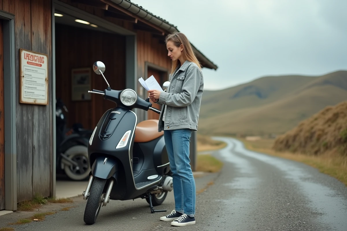 Propriétaire de scooter consultant un rapport de contrôle technique devant un garage rural en zone campagne