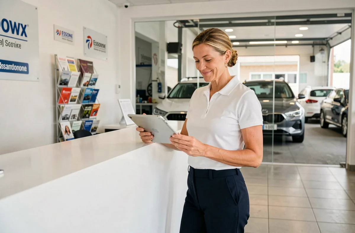 Conseillère clientèle accueillant un client dans la réception d'un garage automobile professionnel en Essonne