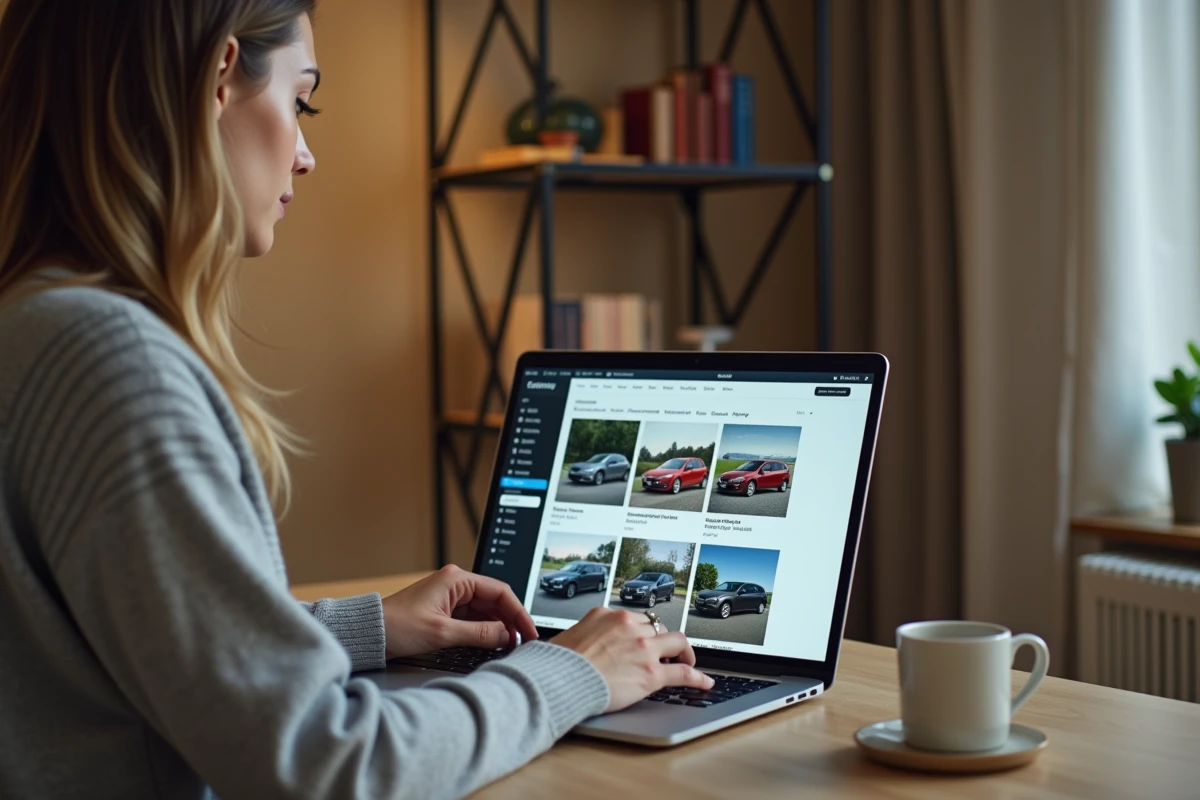 Une femme analyse des annonces de Peugeot 306 Maxi d'occasion sur un ordinateur portable, comparant les prix du marché