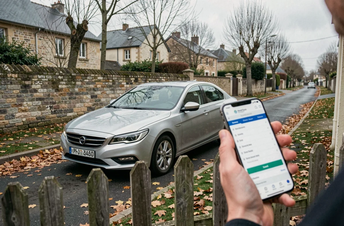 Recherche d'assurance auto en ligne sur smartphone devant une voiture garée