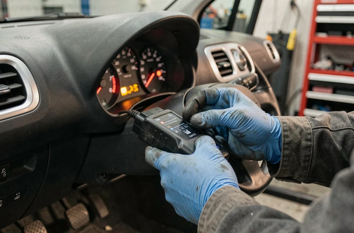 Mécanicien connectant un scanner OBD2 sous le tableau de bord d'une Citroën C3 pour réinitialiser les voyants