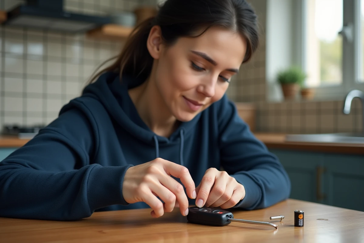 Femme ouvrant le boîtier d'une clé Clio 4 pour remplacer la pile CR2032 dans une cuisine