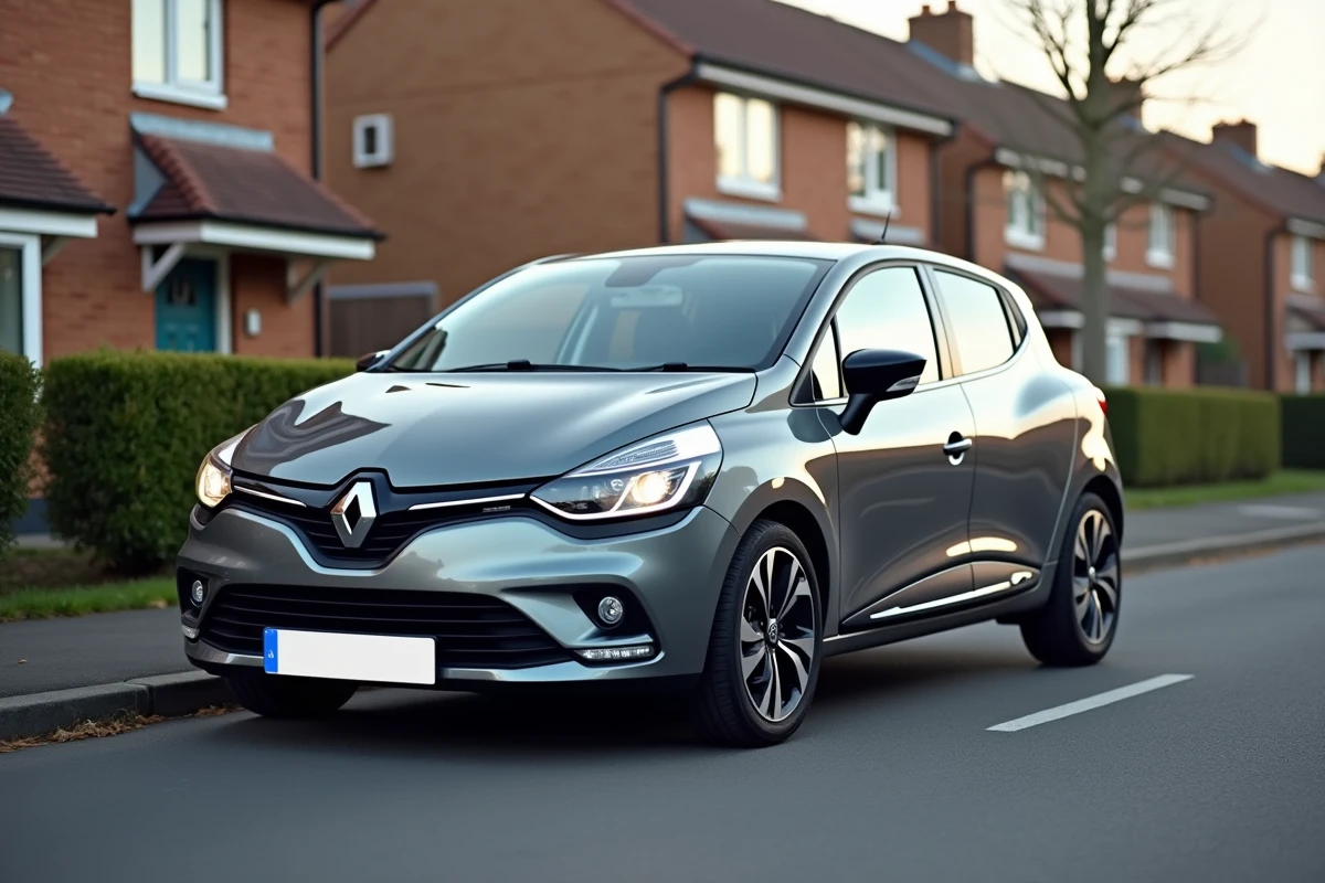 Renault Clio 5 gris métallisé garée dans une rue résidentielle, vue trois quarts avant mettant en valeur son gabarit compact