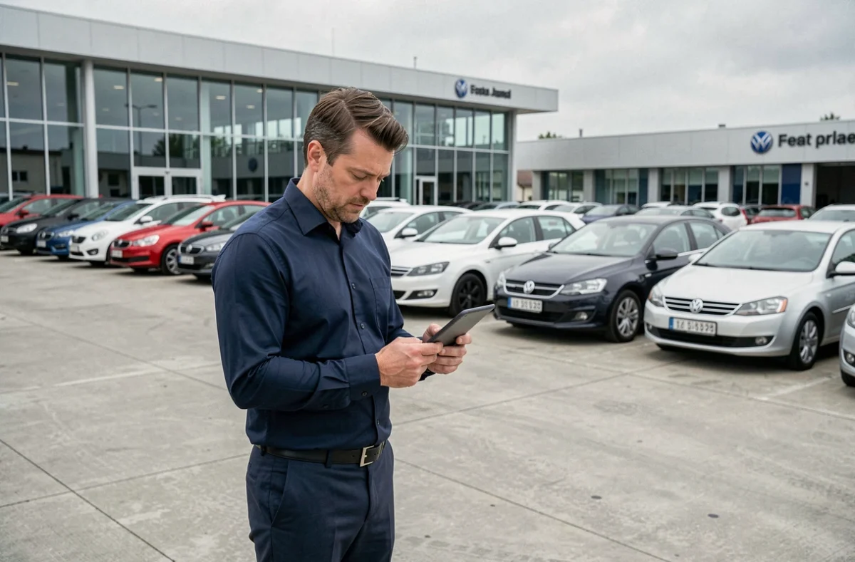 Responsable de flotte automobile examinant une tablette numérique devant des véhicules d'occasion alignés dans un parc automobile professionnel