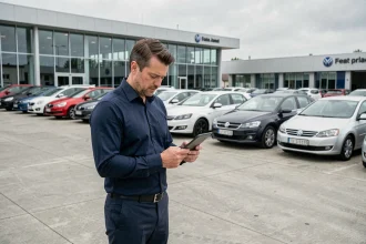 Responsable de flotte automobile examinant une tablette numérique devant des véhicules d'occasion alignés dans un parc automobile professionnel