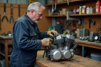 Mécanicien inspectant le carburateur d'un moteur Honda XL 500 démonté dans un atelier de restauration
